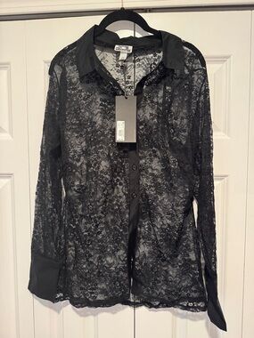 Future Collective Sheer Black Lace Button-Up Blouse